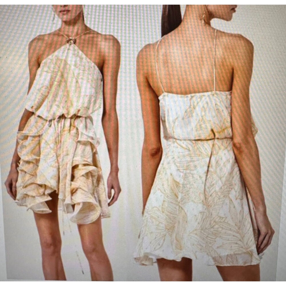 Alexis Asia Georgette Ruffle Halter Neck Glam Golden Palm Patterned Mini Dress M